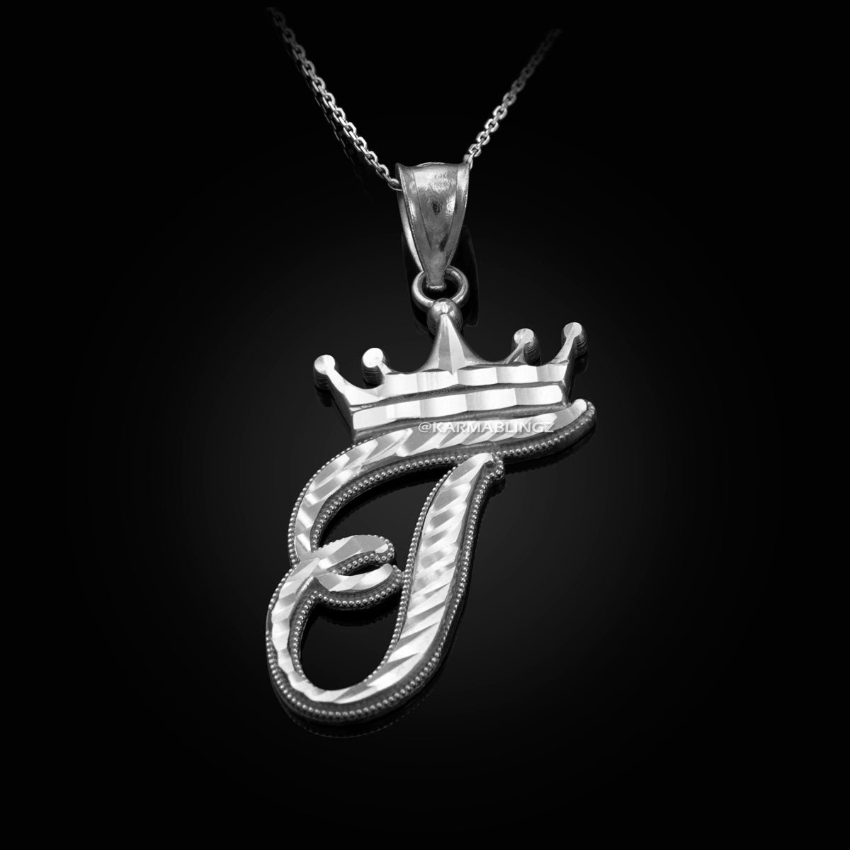 Sterling Silver Cursive Letter Initial Diamond-Cut Crown Pendant Necklace Karma Blingz