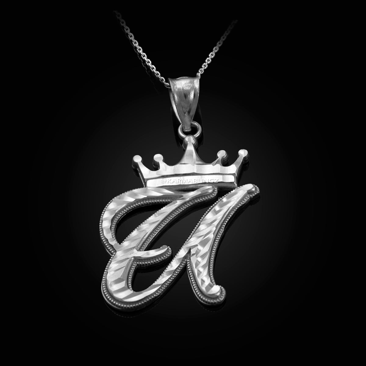 Sterling Silver Cursive Letter Initial Diamond-Cut Crown Pendant Necklace Karma Blingz