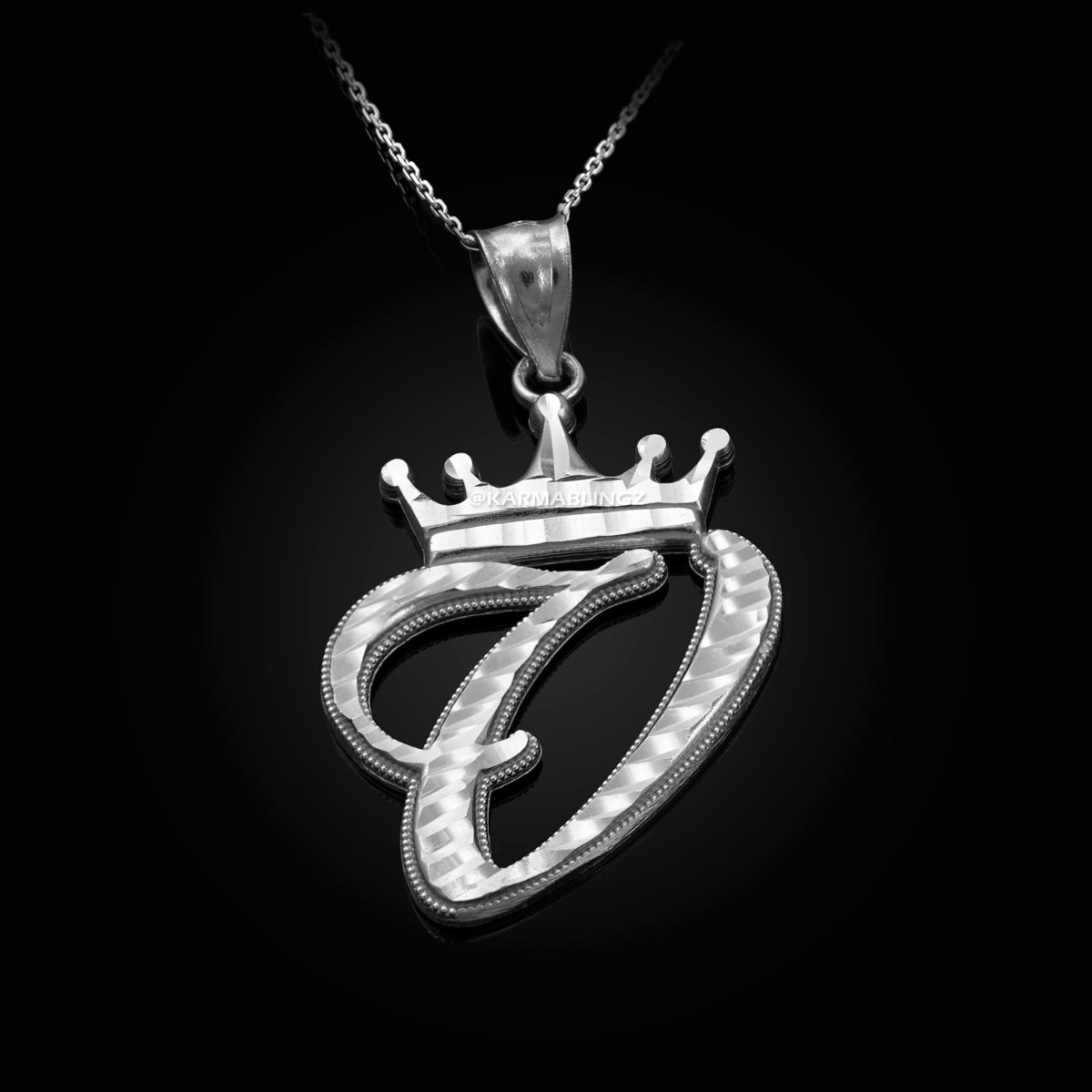 Sterling Silver Cursive Letter Initial Diamond-Cut Crown Pendant Necklace Karma Blingz