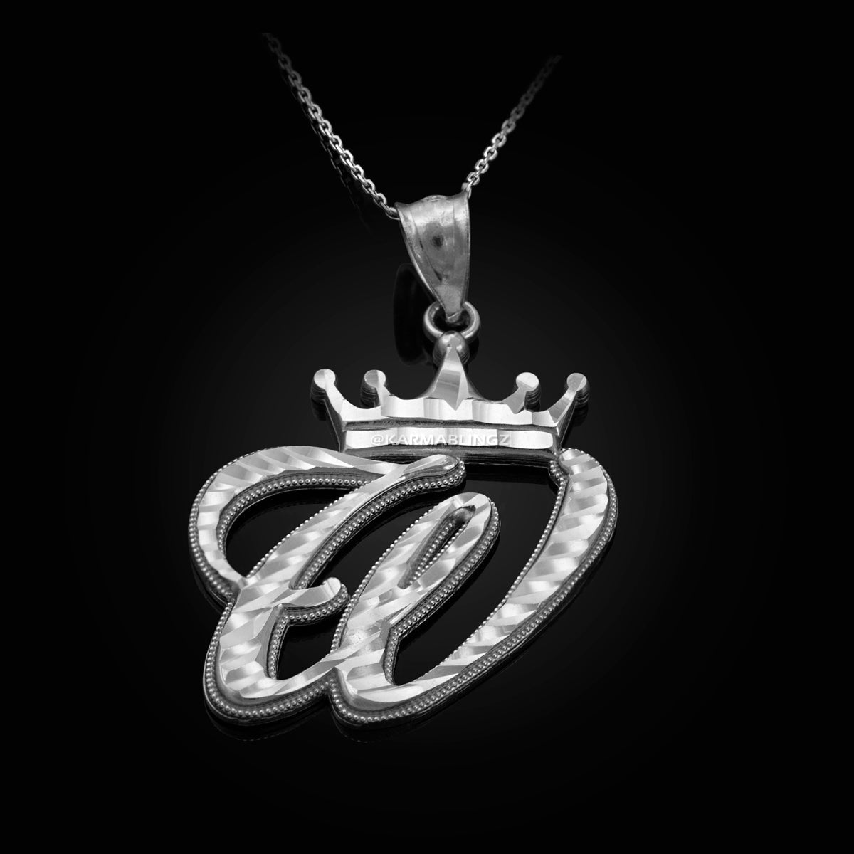 Sterling Silver Cursive Letter Initial Diamond-Cut Crown Pendant Necklace Karma Blingz