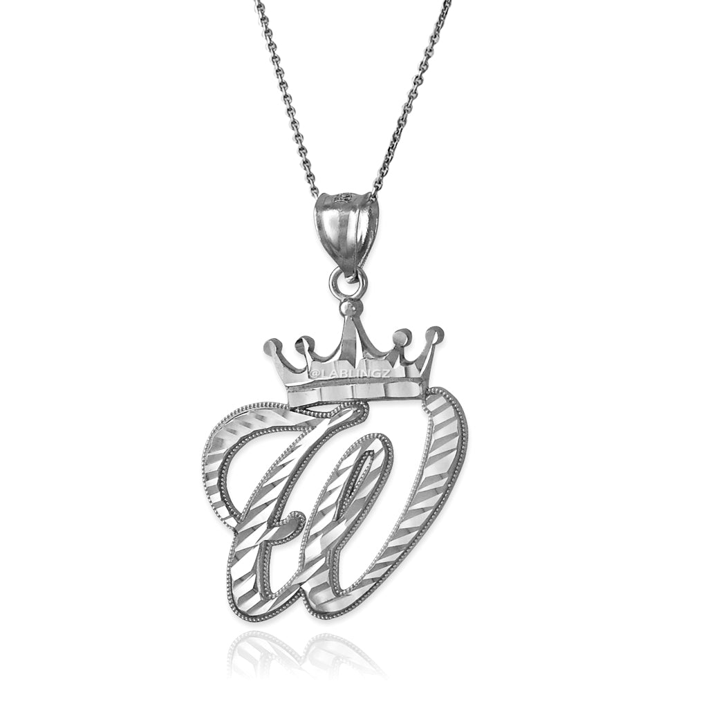 Sterling Silver Cursive Letter Initial Diamond-Cut Crown Pendant Necklace Karma Blingz