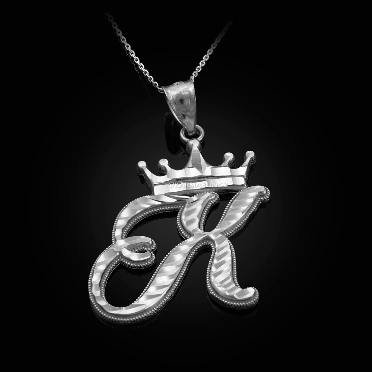 Sterling Silver Cursive Letter Initial Diamond-Cut Crown Pendant Necklace Karma Blingz