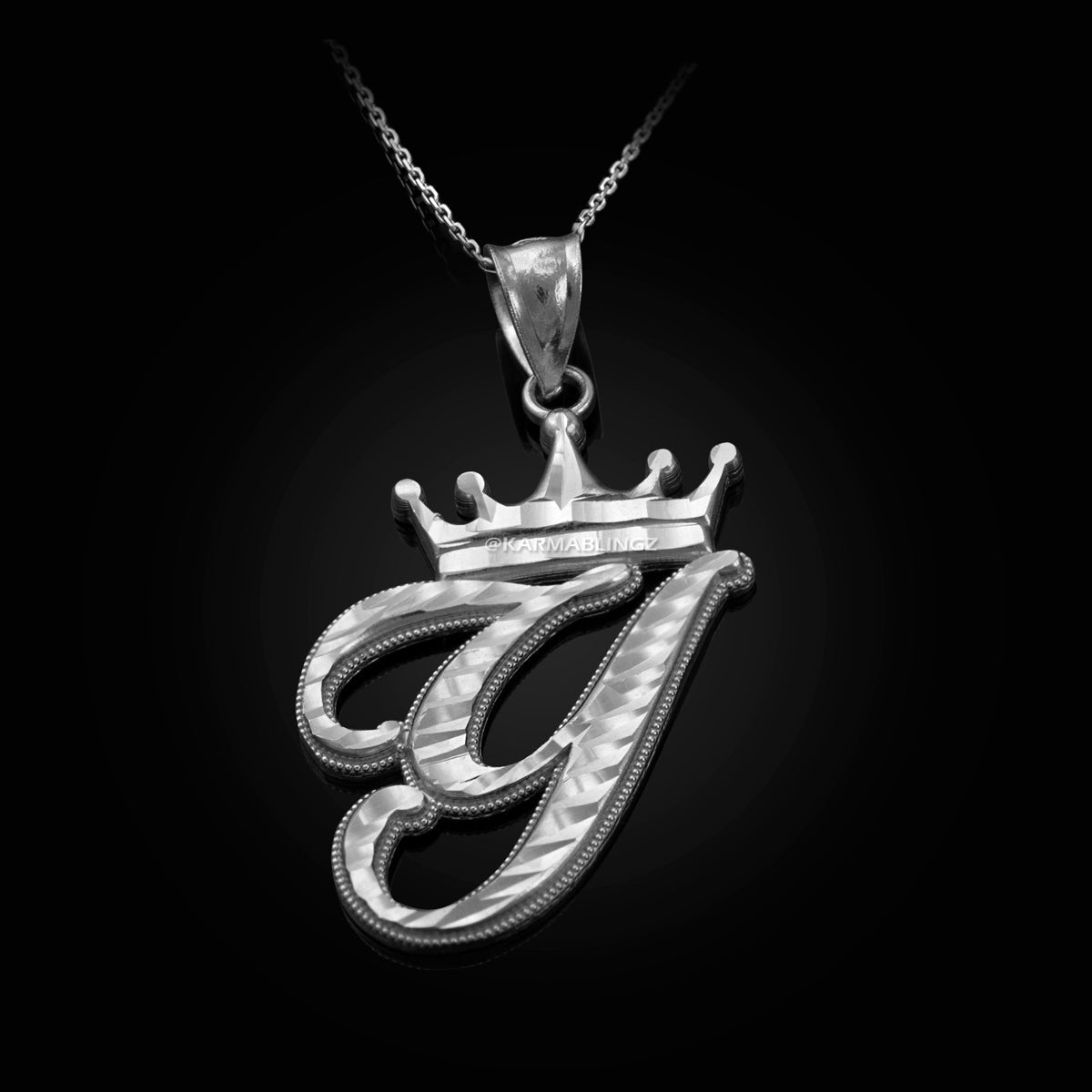 Sterling Silver Cursive Letter Initial Diamond-Cut Crown Pendant Necklace Karma Blingz