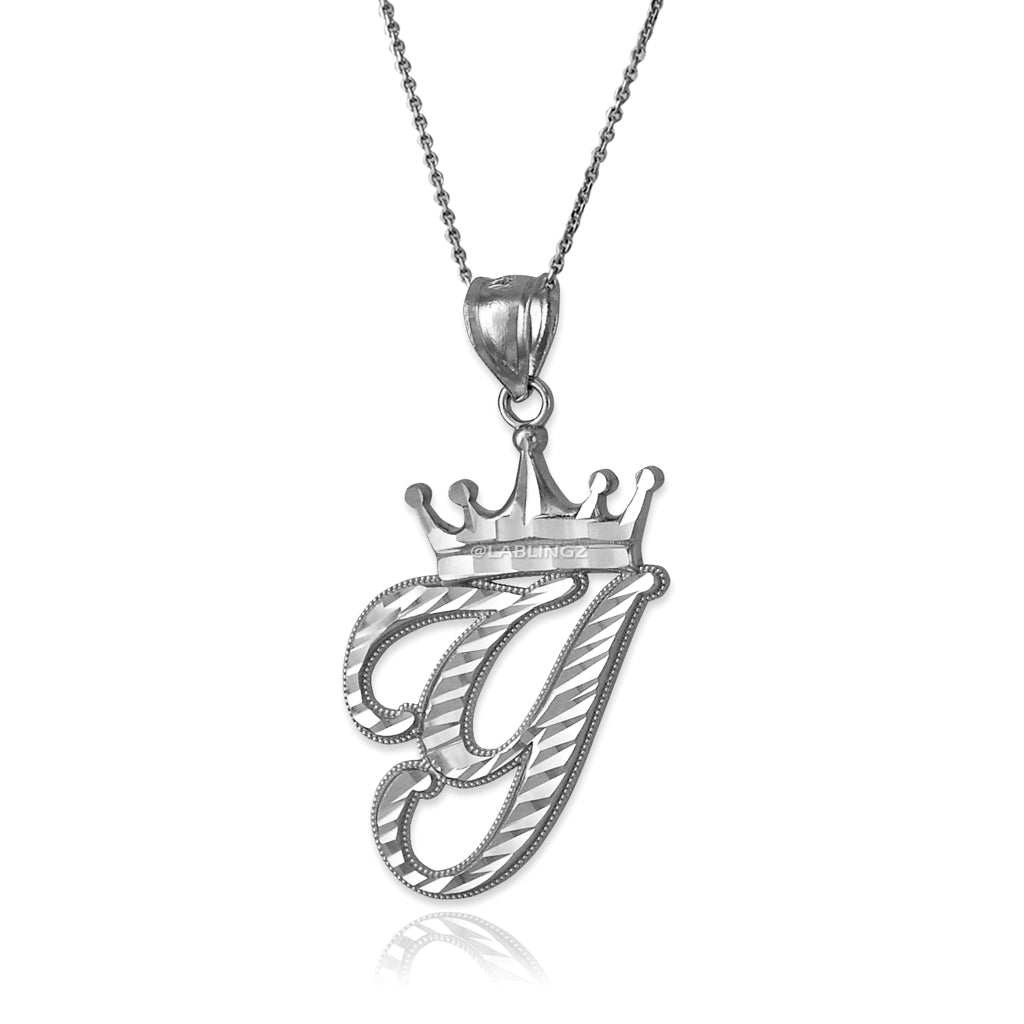 Sterling Silver Cursive Letter Initial Diamond-Cut Crown Pendant Necklace Karma Blingz