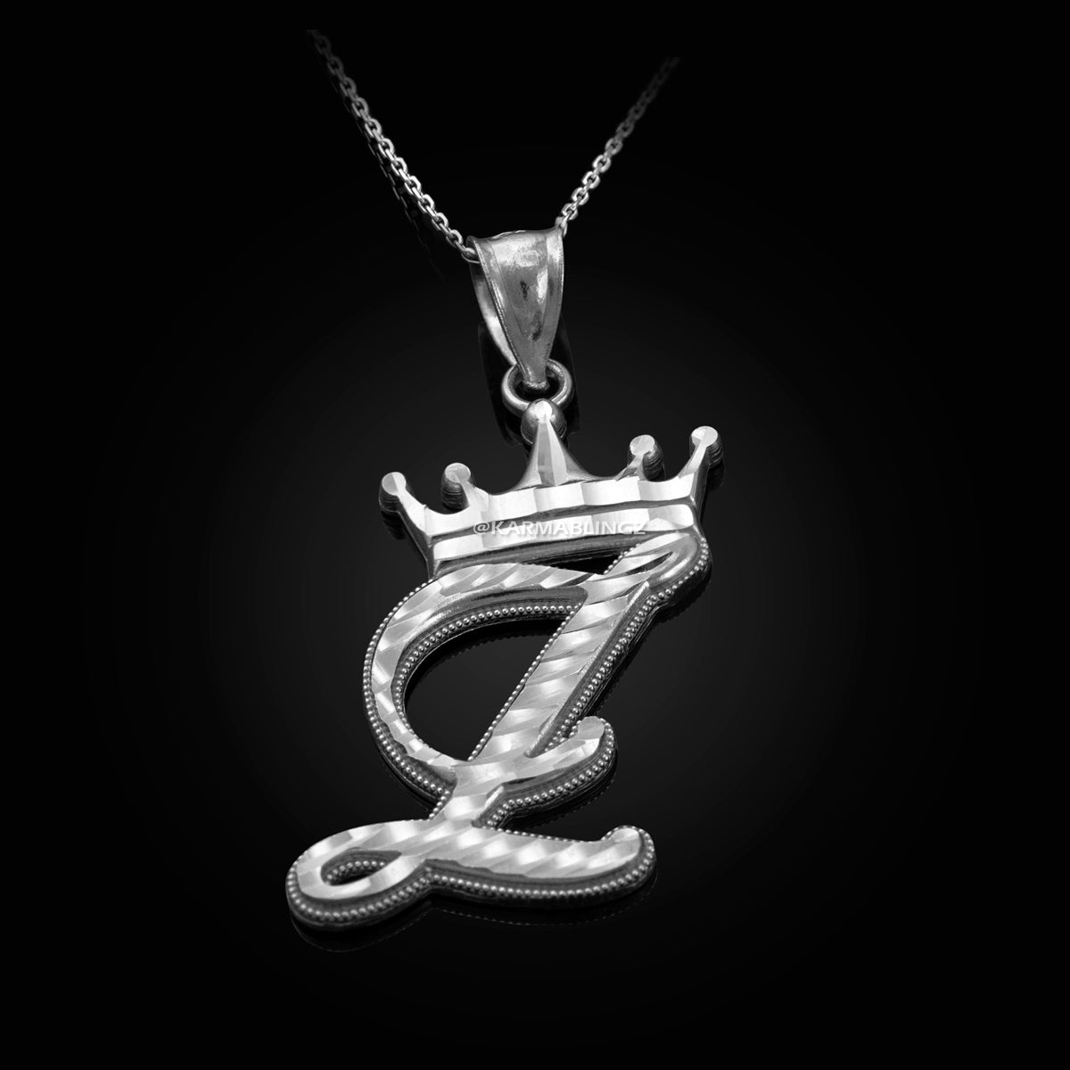 Sterling Silver Cursive Letter Initial Diamond-Cut Crown Pendant Necklace Karma Blingz