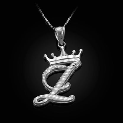 Sterling Silver Cursive Letter Initial Diamond-Cut Crown Pendant Necklace Karma Blingz