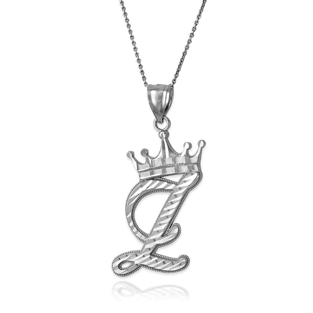 Sterling Silver Cursive Letter Initial Diamond-Cut Crown Pendant Necklace Karma Blingz