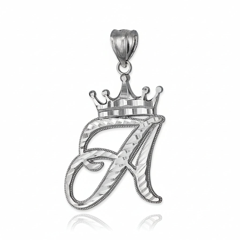 Sterling Silver Cursive Letter Initial Diamond-Cut Crown Pendant Necklace Karma Blingz