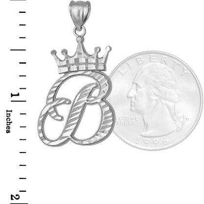 Sterling Silver Cursive Letter Initial Diamond-Cut Crown Pendant Necklace Karma Blingz