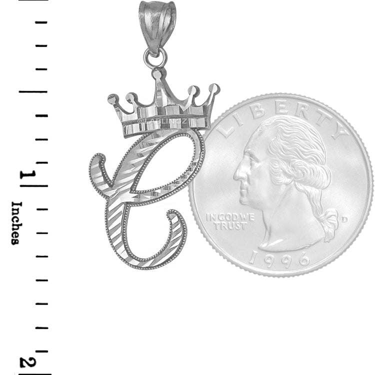 Sterling Silver Cursive Letter Initial Diamond-Cut Crown Pendant Necklace Karma Blingz
