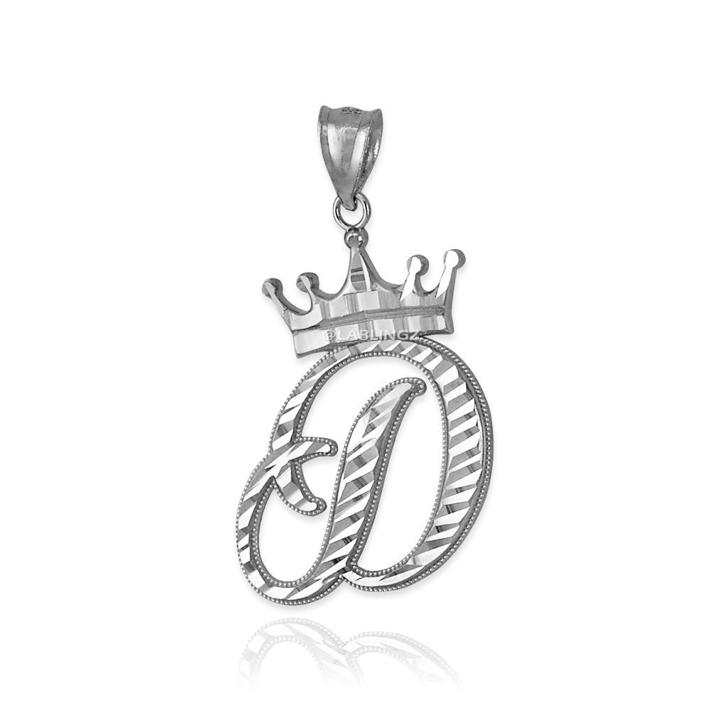 Sterling Silver Cursive Letter Initial Diamond-Cut Crown Pendant Necklace Karma Blingz