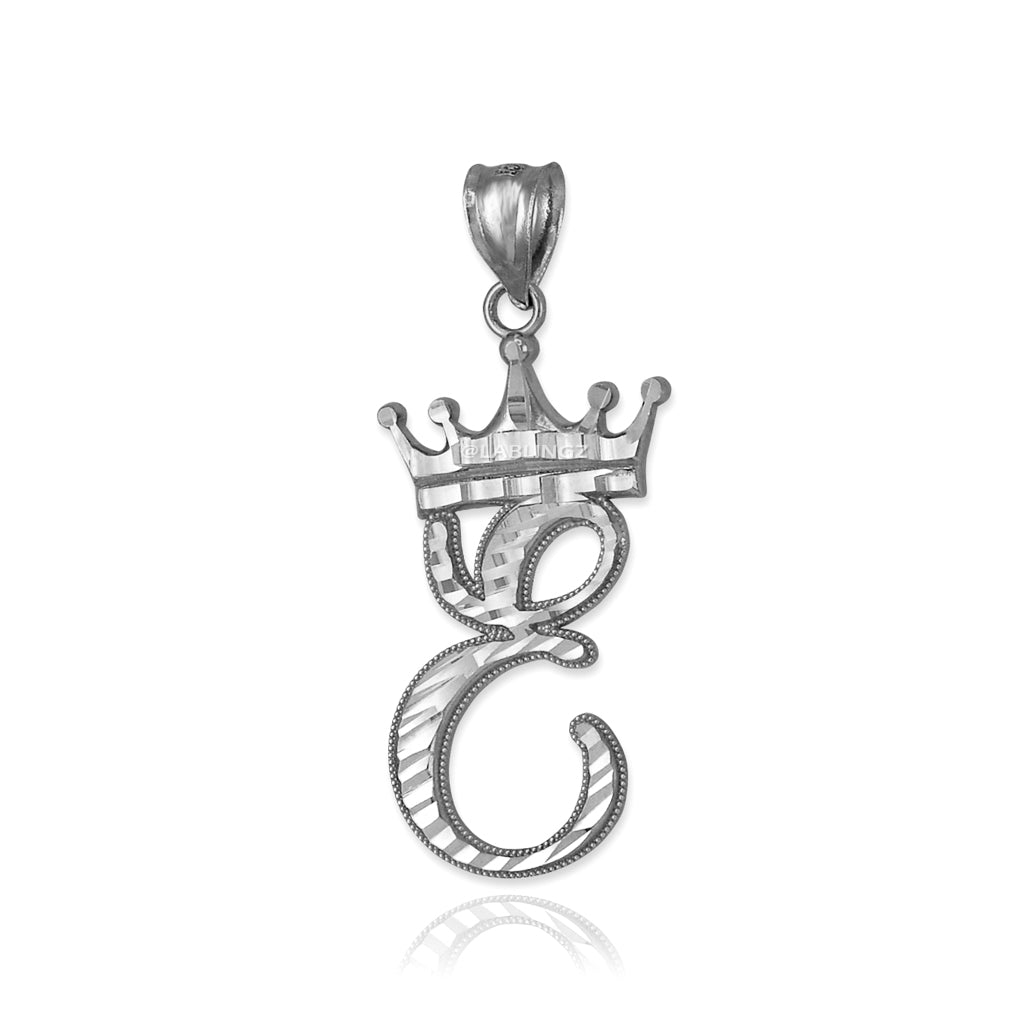 Sterling Silver Cursive Letter Initial Diamond-Cut Crown Pendant Necklace Karma Blingz