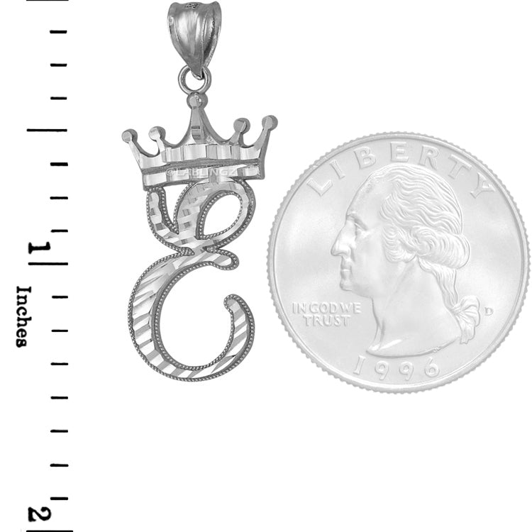 Sterling Silver Cursive Letter Initial Diamond-Cut Crown Pendant Necklace Karma Blingz
