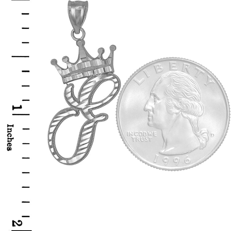 Sterling Silver Cursive Letter Initial Diamond-Cut Crown Pendant Necklace Karma Blingz