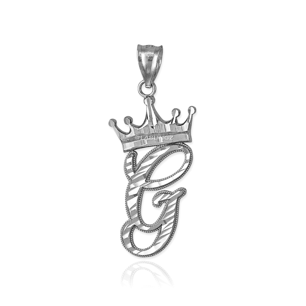 Sterling Silver Cursive Letter Initial Diamond-Cut Crown Pendant Necklace Karma Blingz