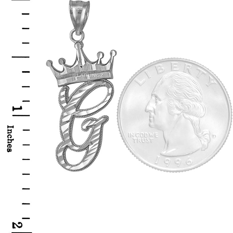 Sterling Silver Cursive Letter Initial Diamond-Cut Crown Pendant Necklace Karma Blingz