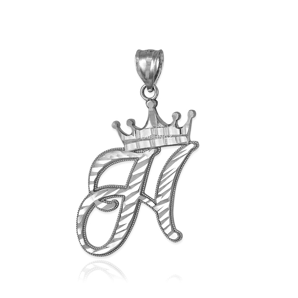 Sterling Silver Cursive Letter Initial Diamond-Cut Crown Pendant Necklace Karma Blingz