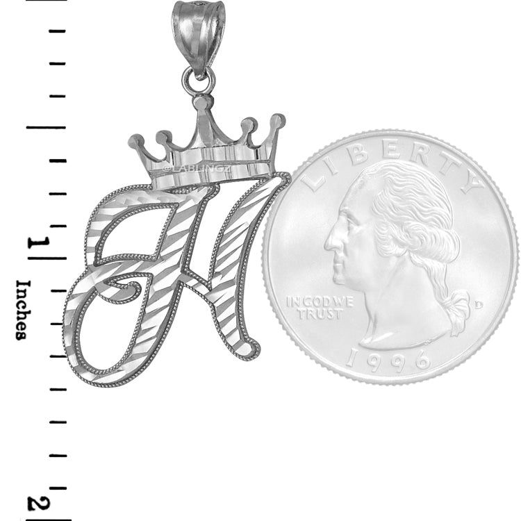 Sterling Silver Cursive Letter Initial Diamond-Cut Crown Pendant Necklace Karma Blingz