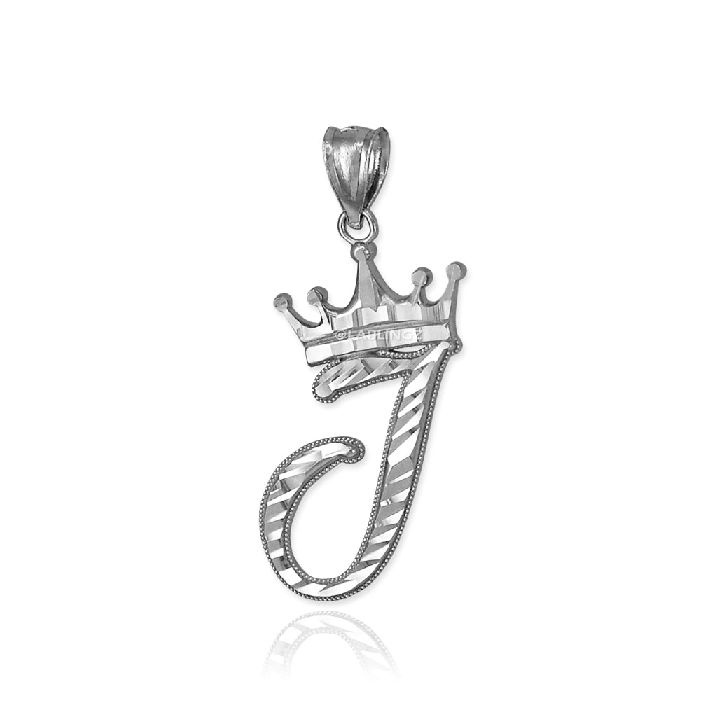 Sterling Silver Cursive Letter Initial Diamond-Cut Crown Pendant Necklace Karma Blingz