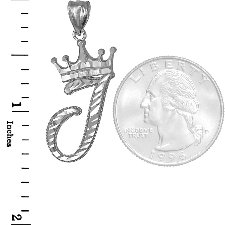 Sterling Silver Cursive Letter Initial Diamond-Cut Crown Pendant Necklace Karma Blingz
