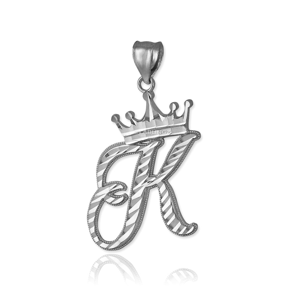 Sterling Silver Cursive Letter Initial Diamond-Cut Crown Pendant Necklace Karma Blingz