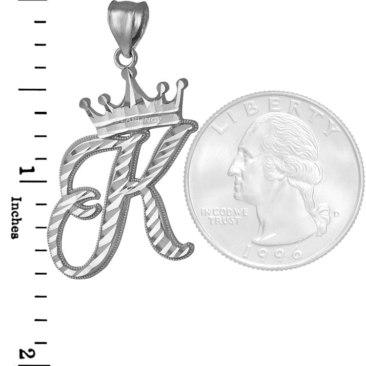 Sterling Silver Cursive Letter Initial Diamond-Cut Crown Pendant Necklace Karma Blingz