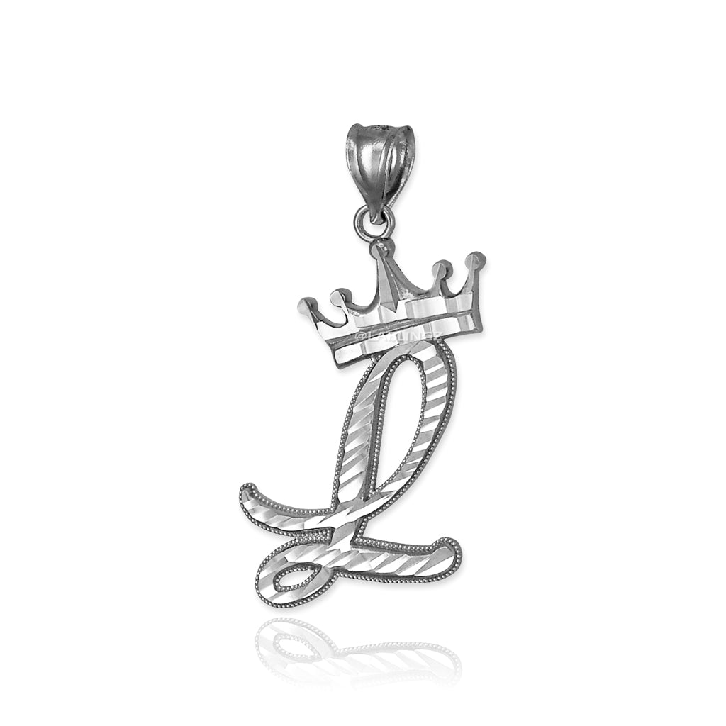 Sterling Silver Cursive Letter Initial Diamond-Cut Crown Pendant Necklace Karma Blingz