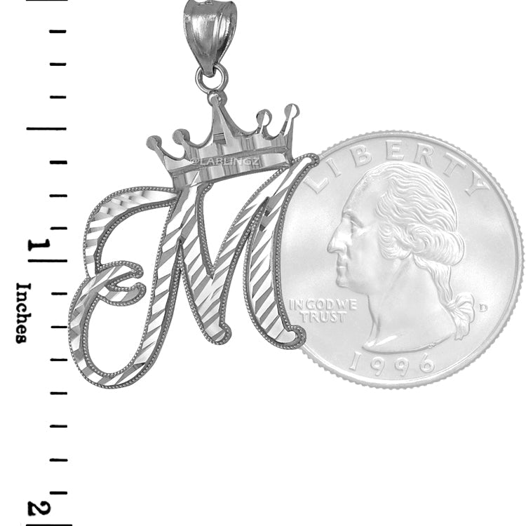 Sterling Silver Cursive Letter Initial Diamond-Cut Crown Pendant Necklace Karma Blingz