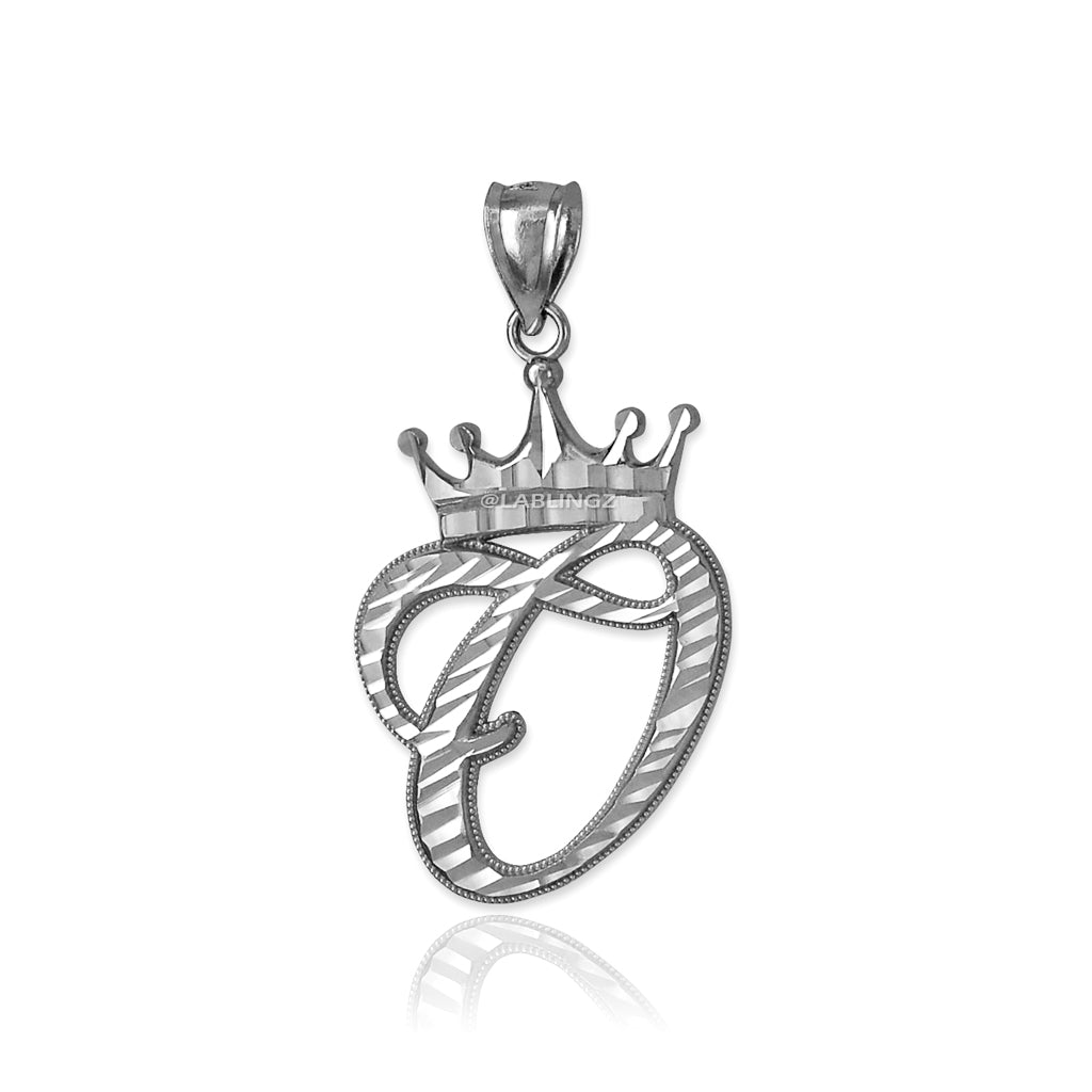Sterling Silver Cursive Letter Initial Diamond-Cut Crown Pendant Necklace Karma Blingz