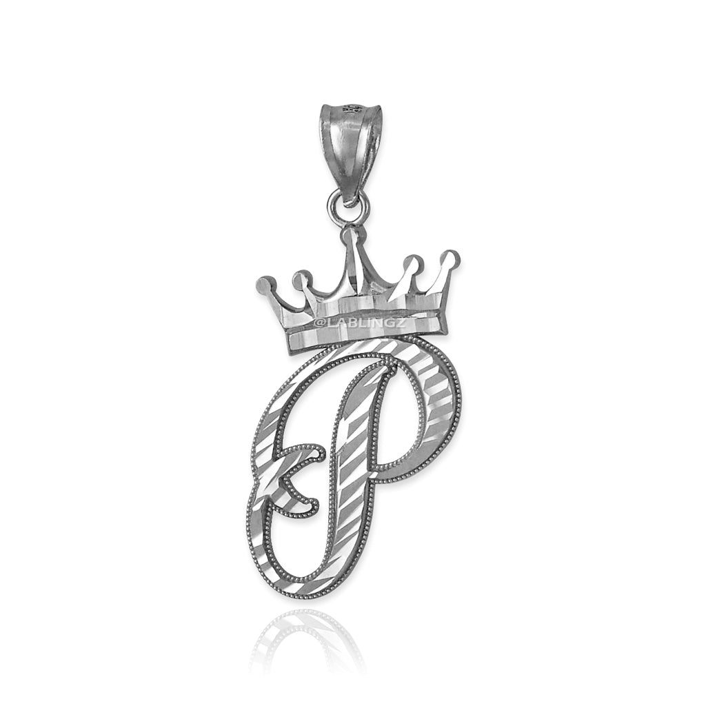 Sterling Silver Cursive Letter Initial Diamond-Cut Crown Pendant Necklace Karma Blingz