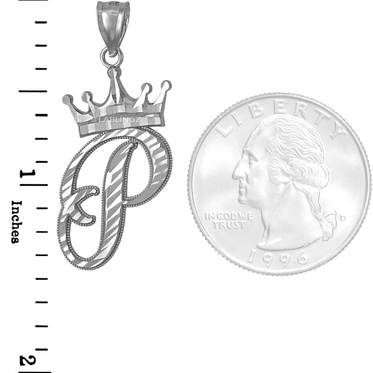 Sterling Silver Cursive Letter Initial Diamond-Cut Crown Pendant Necklace Karma Blingz