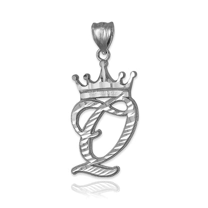 Sterling Silver Cursive Letter Initial Diamond-Cut Crown Pendant Necklace Karma Blingz