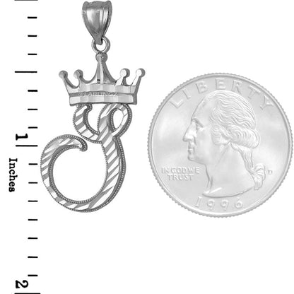 Sterling Silver Cursive Letter Initial Diamond-Cut Crown Pendant Necklace Karma Blingz