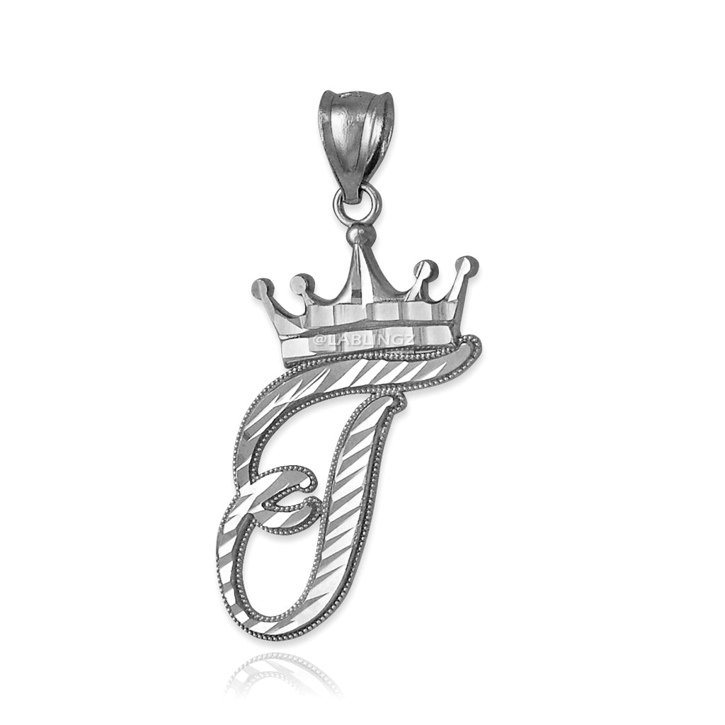 Sterling Silver Cursive Letter Initial Diamond-Cut Crown Pendant Necklace Karma Blingz