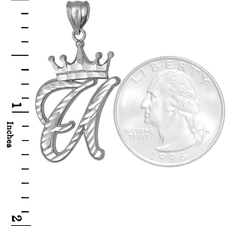 Sterling Silver Cursive Letter Initial Diamond-Cut Crown Pendant Necklace Karma Blingz