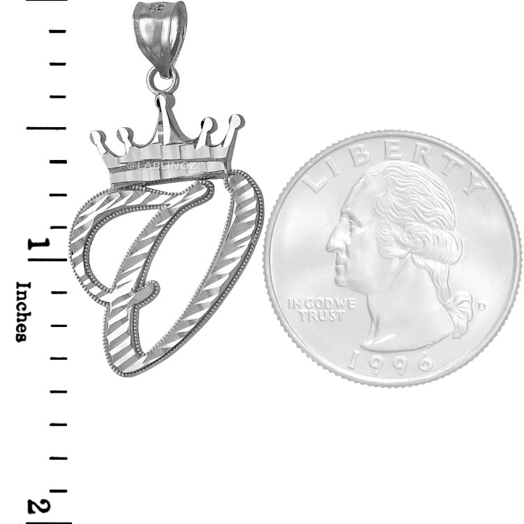 Sterling Silver Cursive Letter Initial Diamond-Cut Crown Pendant Necklace Karma Blingz