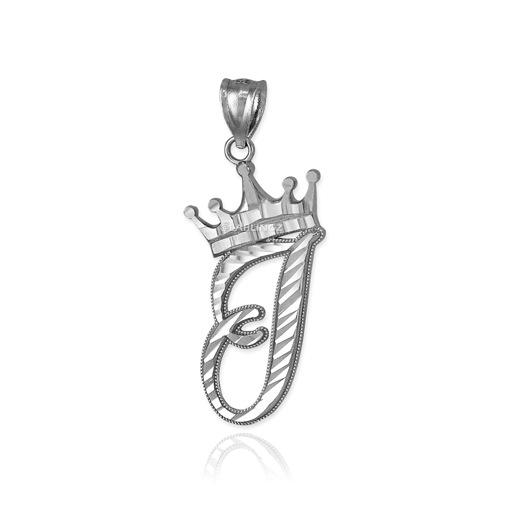 Sterling Silver Cursive Letter Initial Diamond-Cut Crown Pendant Necklace Karma Blingz