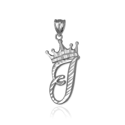 Sterling Silver Cursive Letter Initial Diamond-Cut Crown Pendant Necklace Karma Blingz