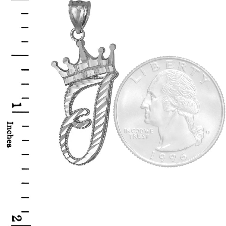 Sterling Silver Cursive Letter Initial Diamond-Cut Crown Pendant Necklace Karma Blingz