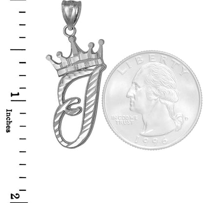 Sterling Silver Cursive Letter Initial Diamond-Cut Crown Pendant Necklace Karma Blingz