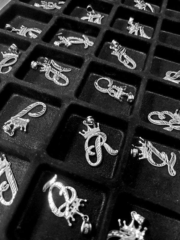 Sterling Silver Cursive Letter Initial Diamond-Cut Crown Pendant Necklace Karma Blingz