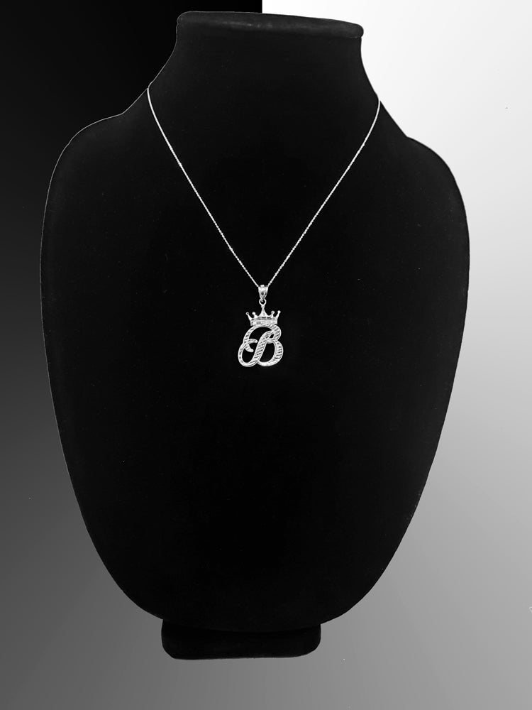 Sterling Silver Cursive Letter Initial Diamond-Cut Crown Pendant Necklace Karma Blingz