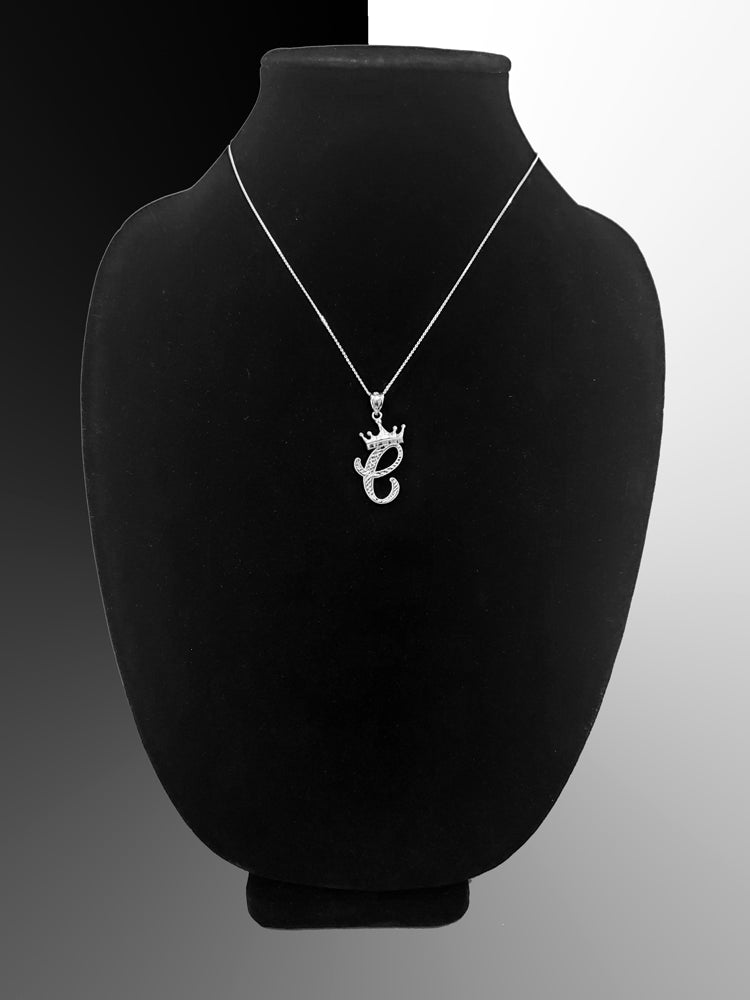 Sterling Silver Cursive Letter Initial Diamond-Cut Crown Pendant Necklace Karma Blingz