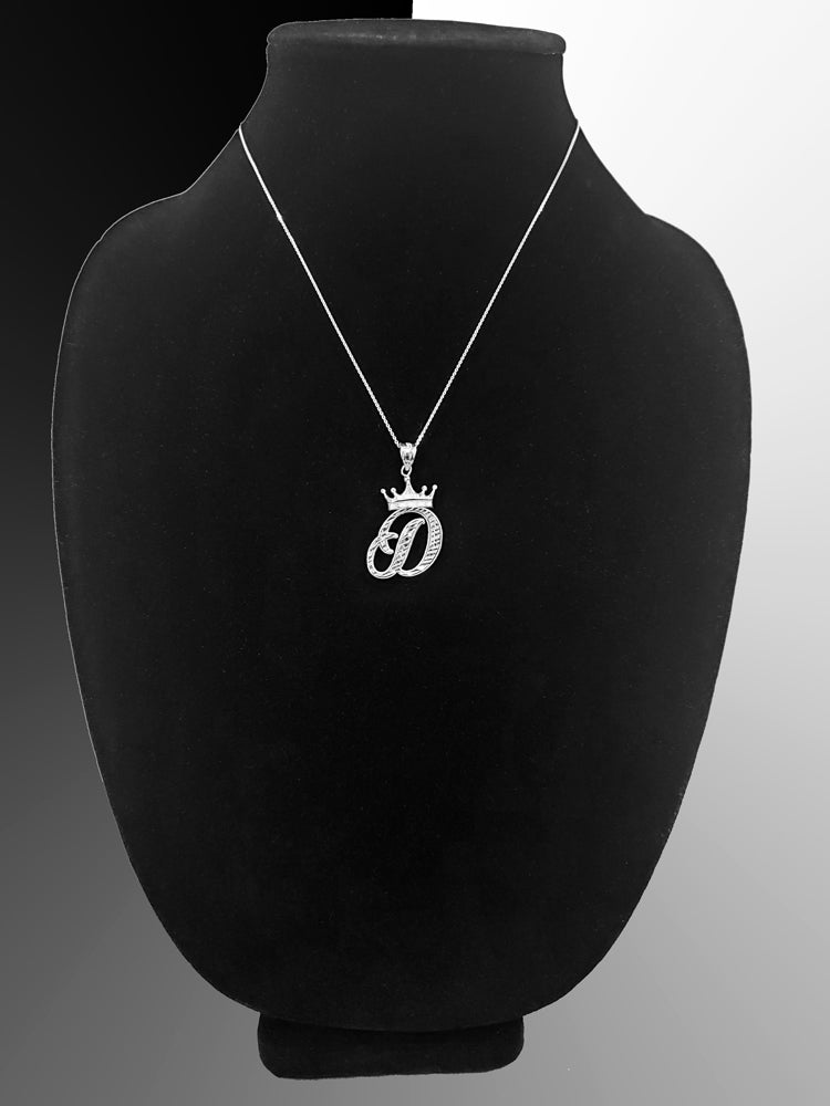 Sterling Silver Cursive Letter Initial Diamond-Cut Crown Pendant Necklace Karma Blingz