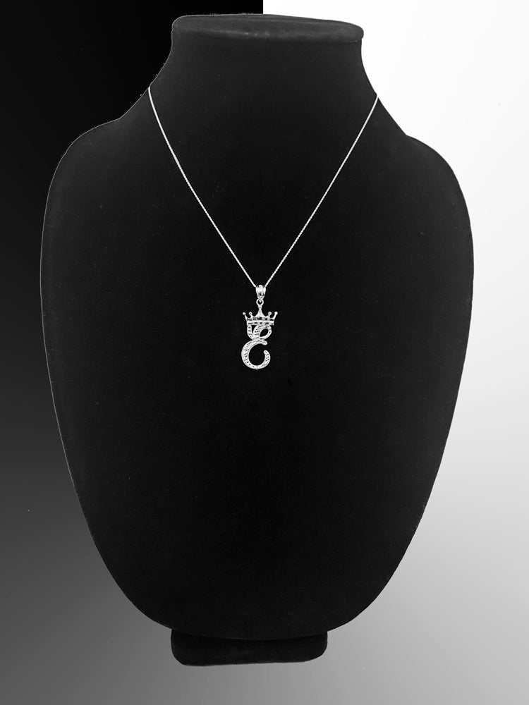 Sterling Silver Cursive Letter Initial Diamond-Cut Crown Pendant Necklace Karma Blingz