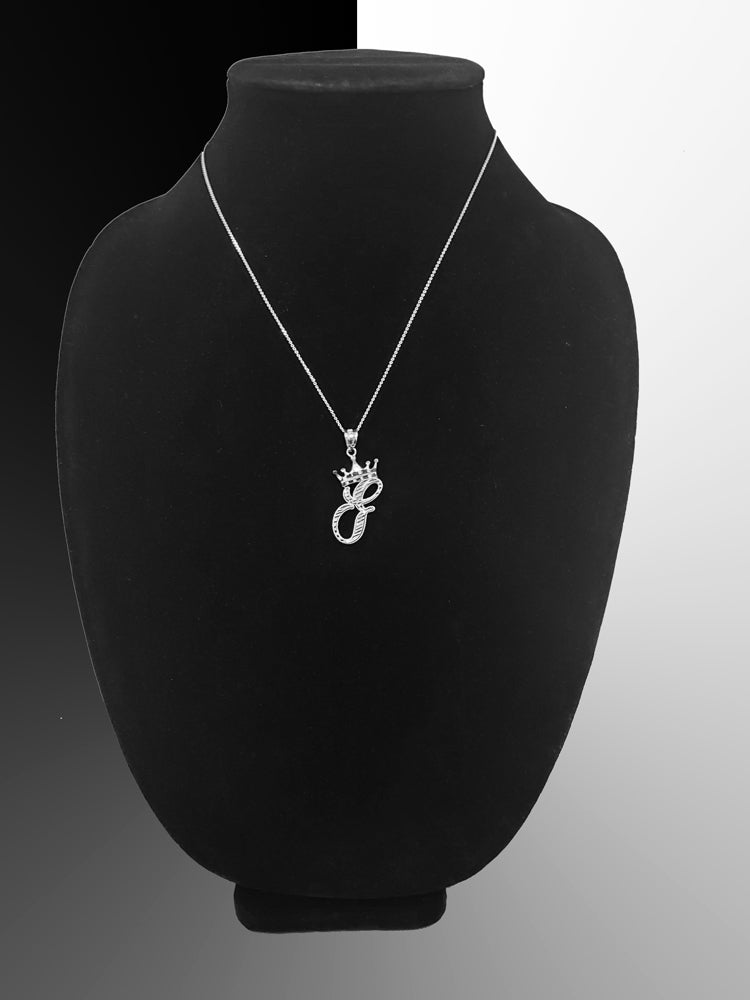 Sterling Silver Cursive Letter Initial Diamond-Cut Crown Pendant Necklace Karma Blingz