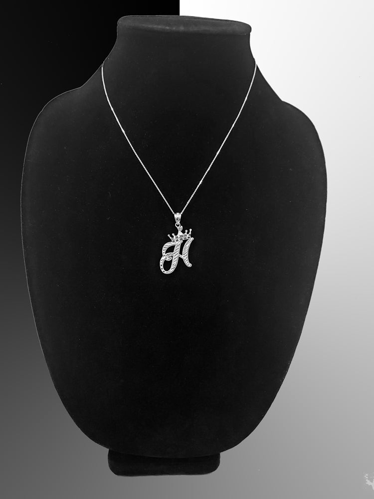 Sterling Silver Cursive Letter Initial Diamond-Cut Crown Pendant Necklace Karma Blingz