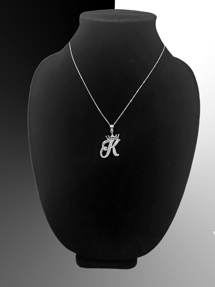 Sterling Silver Cursive Letter Initial Diamond-Cut Crown Pendant Necklace Karma Blingz