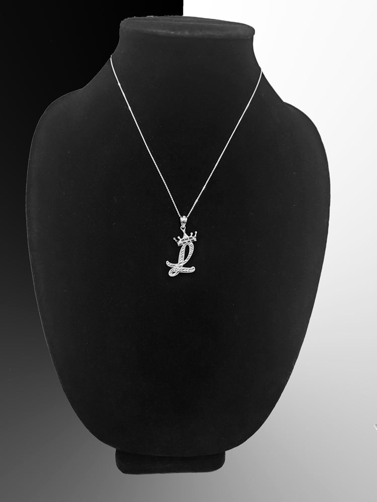 Sterling Silver Cursive Letter Initial Diamond-Cut Crown Pendant Necklace Karma Blingz