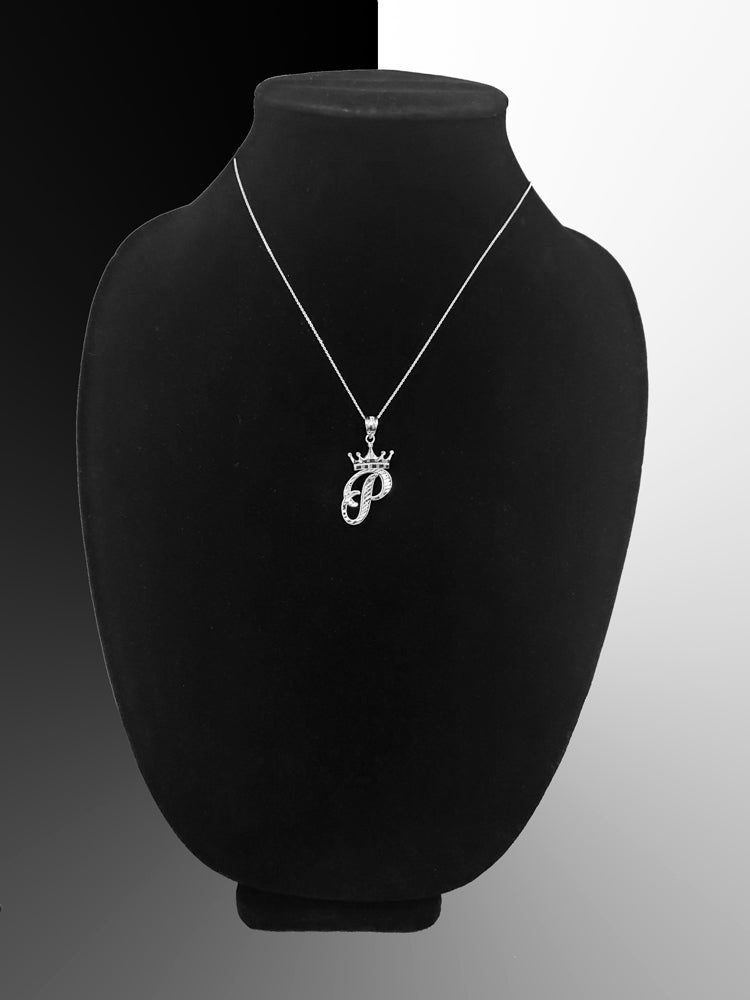 Sterling Silver Cursive Letter Initial Diamond-Cut Crown Pendant Necklace Karma Blingz